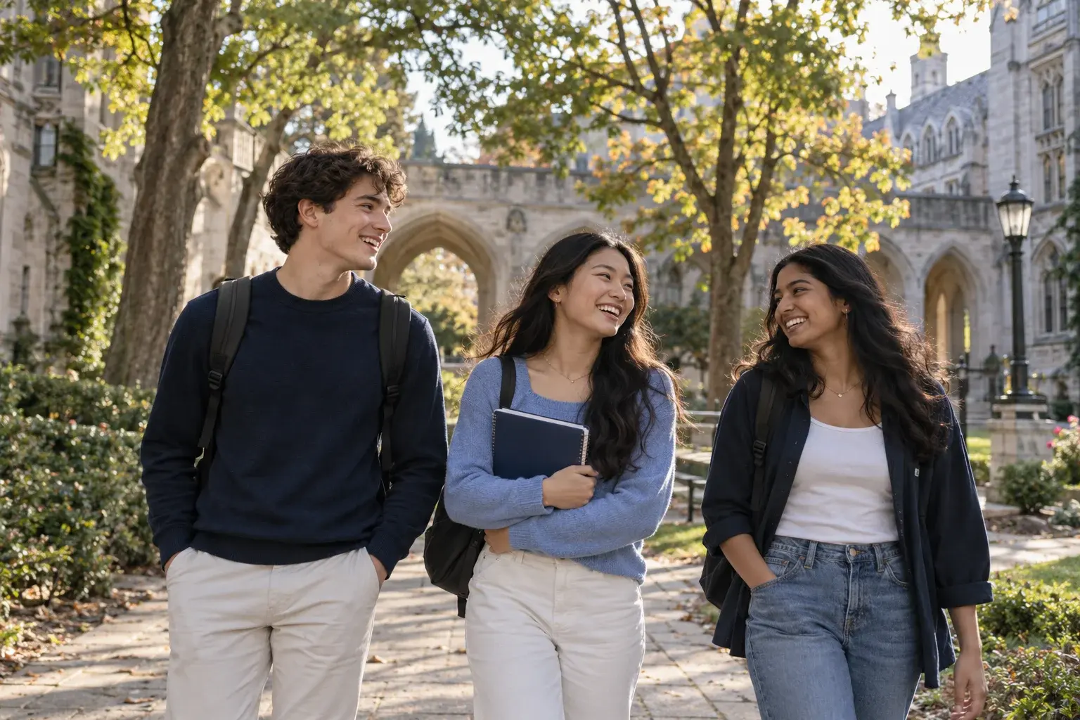 Three friends laughing together on a college campus