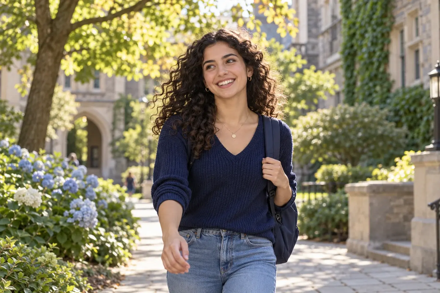A student enjoying an afternoon in a campus courtyard